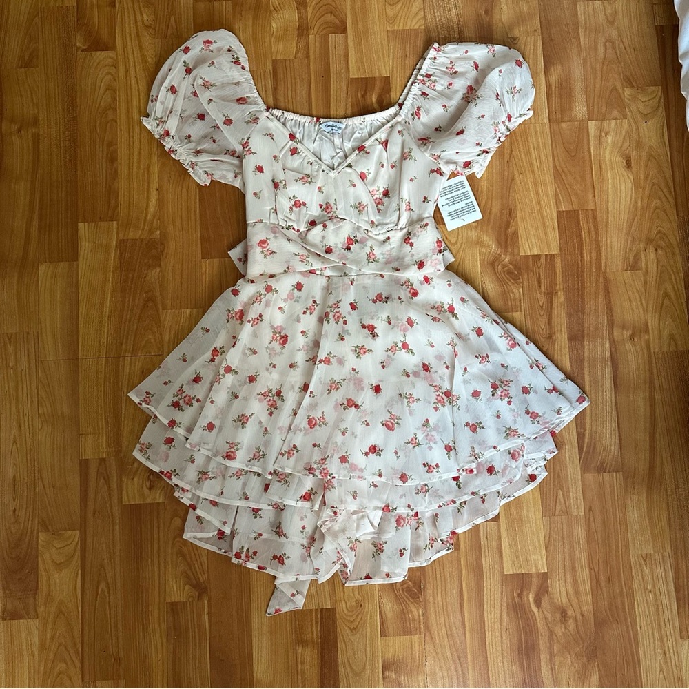 ASOS Floral Puff Sleeve Romper Dress - White and Red